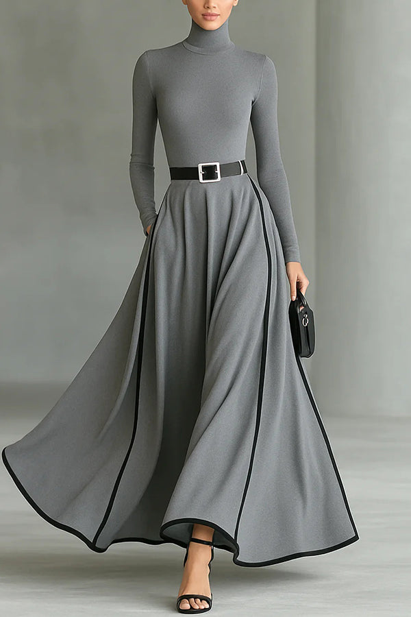 Stylish Color-blocked Trim High-neck Long-sleeved Casual Pockets Maxi Dress