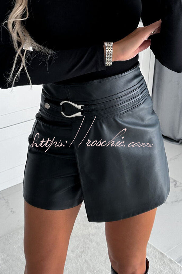 All about Fashion Faux Leather Wrap Metal Ring Mini Skort