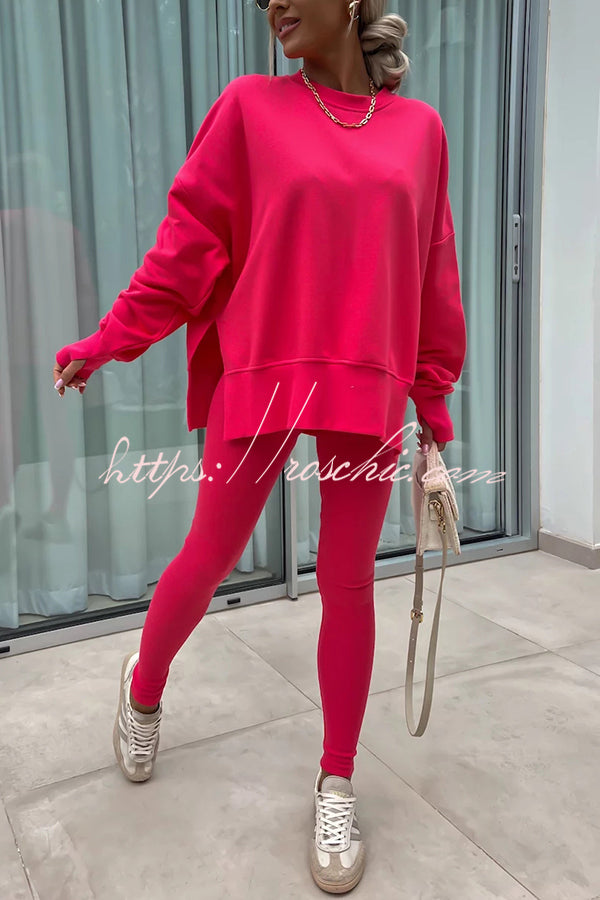 Solid Color Loose Long Sleeve SlitSweatshirt and Elastic Waist Tight Pants Set