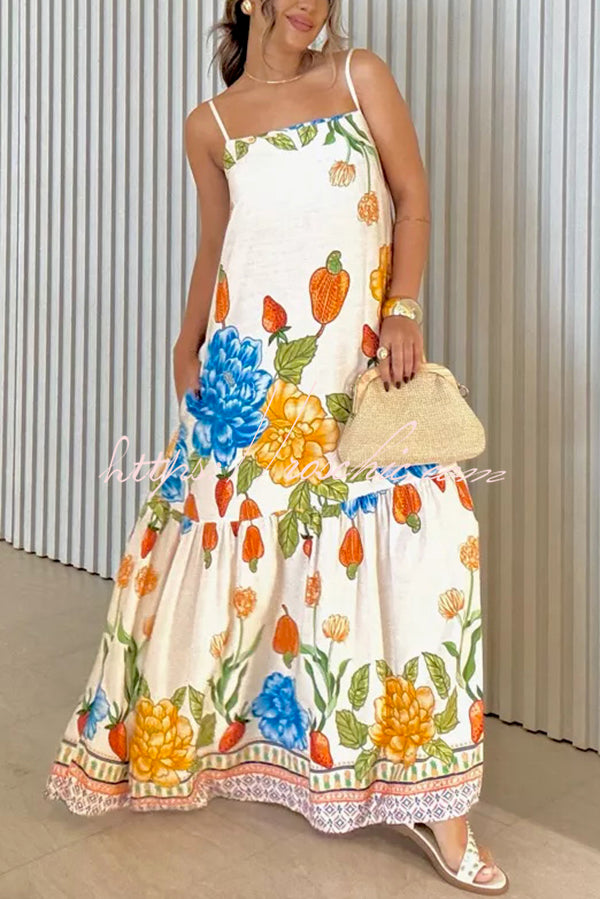 Floral Print Halter Back Loose Pocket Full Hem Maxi Dress