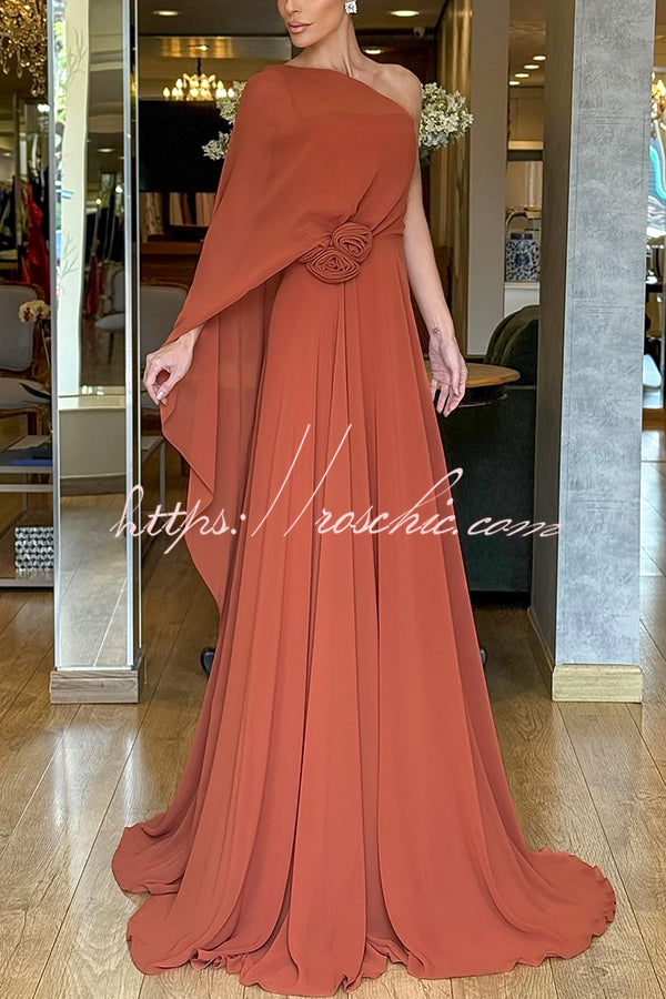 Iriena Chiffon One Shoulder Rose Decoration Waist Formal Maxi Dress
