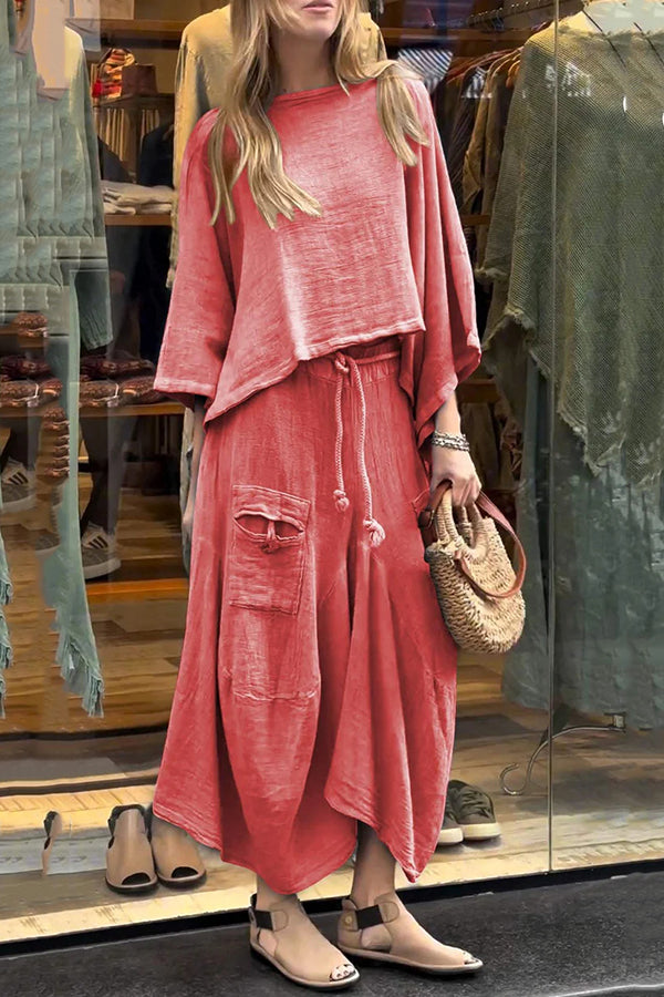 Solid Color Loose Round Neck Top and Elastic Waist Tie Casual Maxi Skirt Set