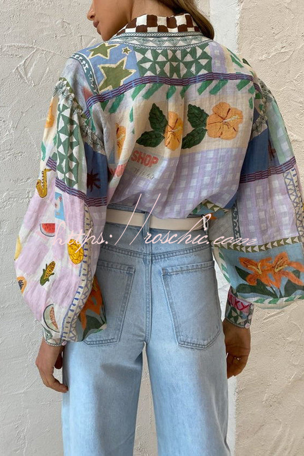 Fun and Nostalgic Unique Print Balloon Sleeve Button Loose Shirt