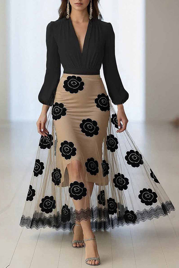 Floral Print V-neck Long-sleeved Patchwork Mesh Maxi Dress