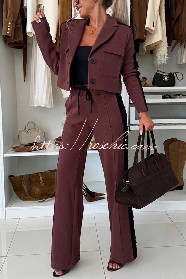 Fashion Lace Panel Long-sleeved Crop Top and Elastic Waist Tie Pocket Casual Pants Set