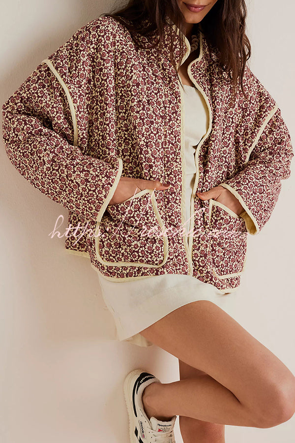 Floral Print Pocket Contrast Concealed Button Cotton Coat