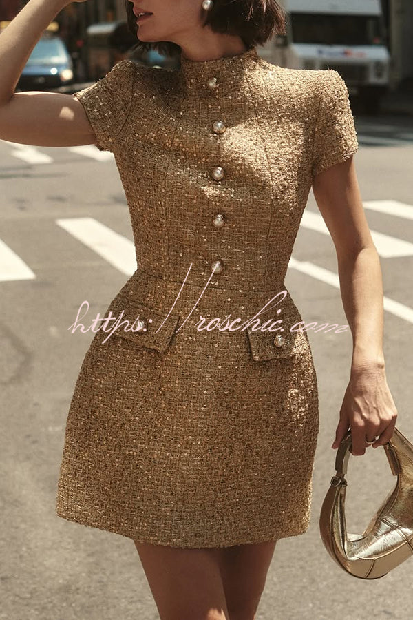 Gold Standard Tweed Fabric Pearl Button Short Sleeve Pocketed Mini Dress