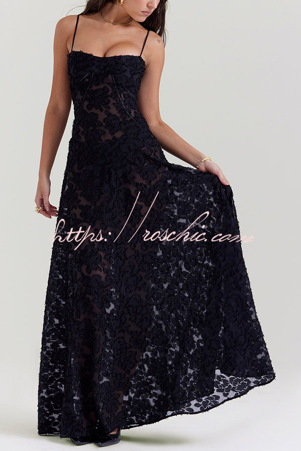 Romantic Vintage Feel Jacquard Fabric Back Lace-up Slip Floaty Maxi Dress