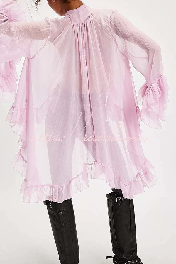Flowy See-through Ruffle Tie-up Neck Bell Sleeve High-low Hem Cape Shirt