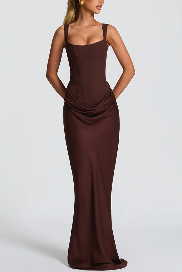 Larrah Square Neck Back Lace-up Satin Drape Hem Maxi Dress, Coffee / M