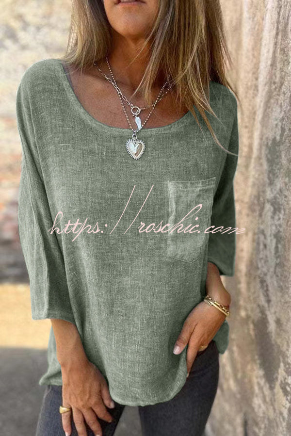 Linen Blend Casual Round Neck Pocket Loose Top