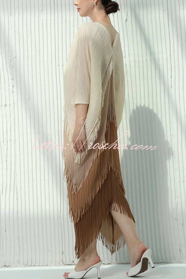 Fashionable Color-blocked Multi-layered Tassel Loose Midi Dress