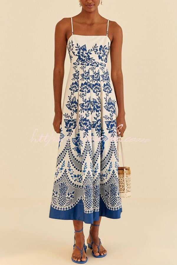 Villa Vacation Floral Ethnic Print Back Smocked Loose Midi Dress