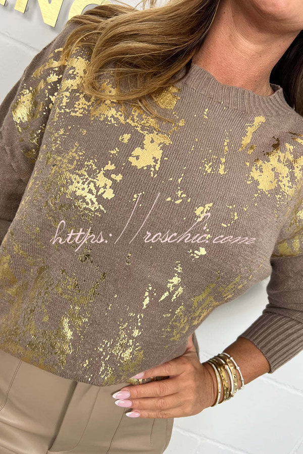 Fashionable Gold Stamping Printed Round Neck Long Sleeve Loose Sweater