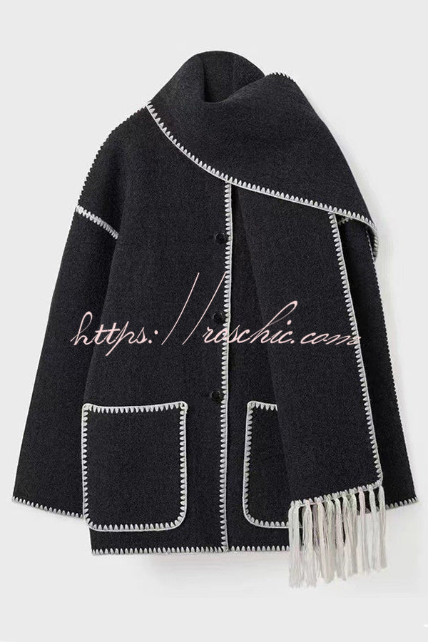 Stylish Loose Pocket Long Sleeve Coat and Warm Fringed Scarf