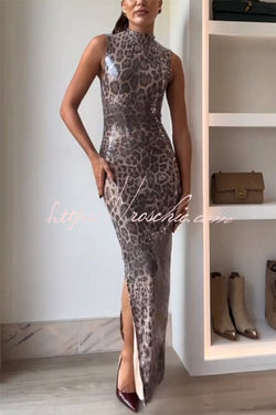 Sparkle Every Step Leopard Sequin Pattern High Neck Slit Stretch Maxi Dress