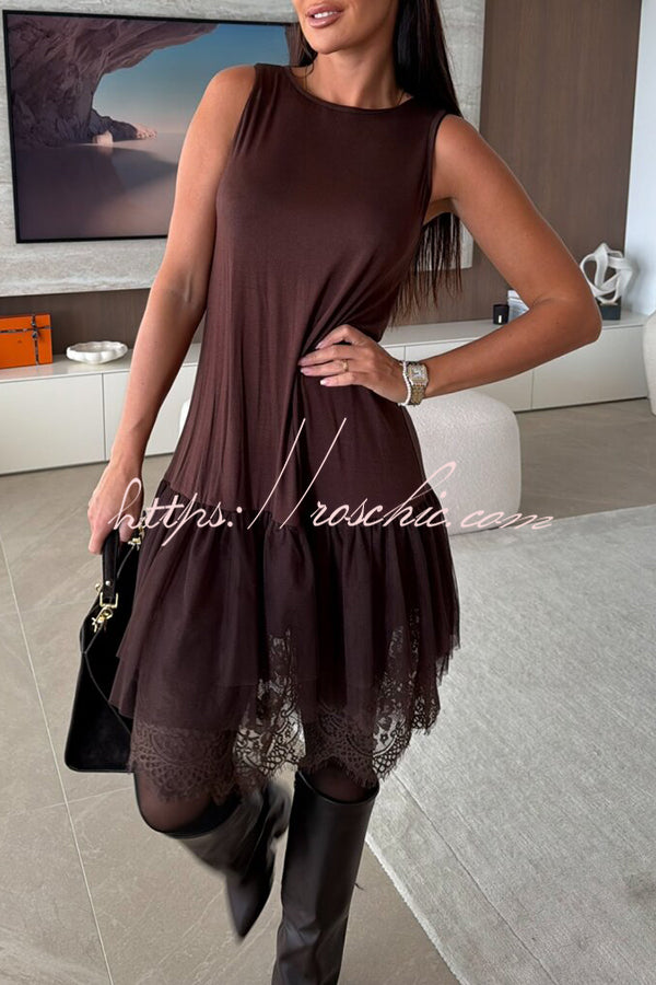 Upper East Chic Tulle Lace Tiered Hem Stretch Tank Midi Dress, Black / L Upper East Chic Tulle Lace Tiered Hem Stretch Tank Midi Dress, Black / L