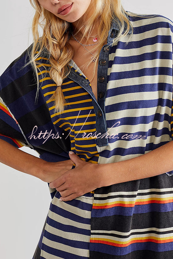 Contrast Striped Patchwork Denim Lapel Loose Casual Mini Dress