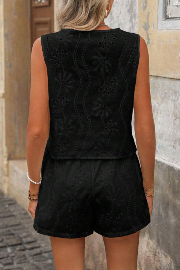 Solid Color Embroidered V-neck Button Casual Vest and Loose Pocket Shorts Set