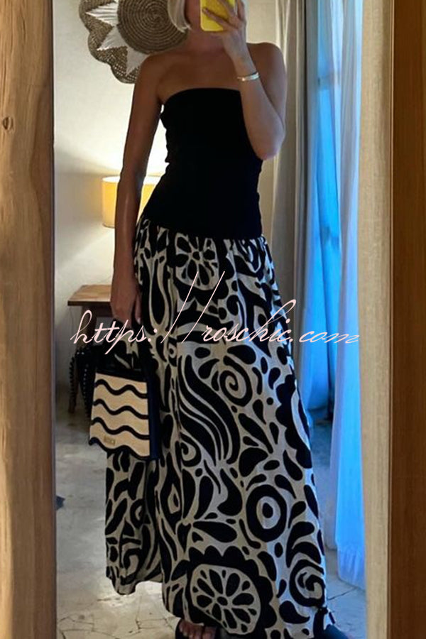 Gina Contrast Color Unique Print Strapless Stretch Maxi Dress