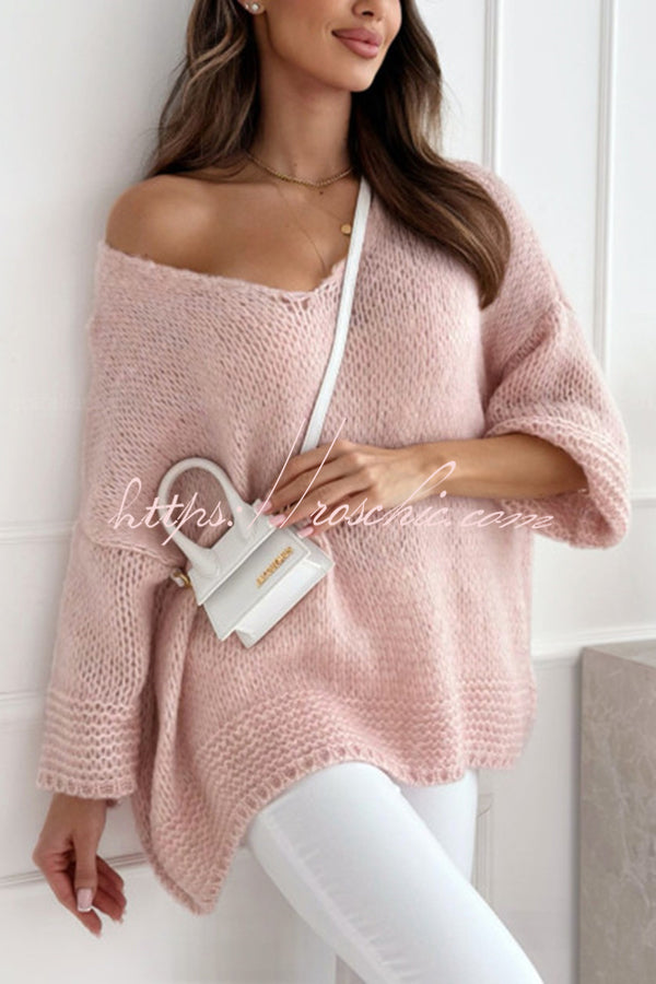 Solid Color Loose V-neck Casual Knitted Sweater