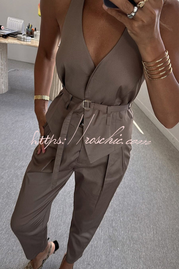 Sexy Backless Belted Waistcoat and Casual Pocket Pants Set