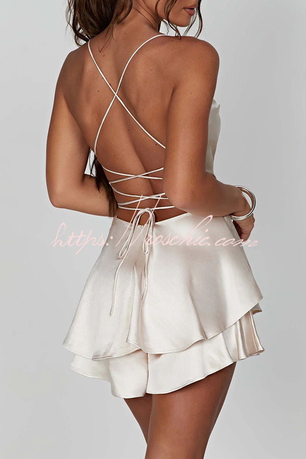 Ruffled Elegant Satin Strappy Satin Backless Lace Up Mini Dress