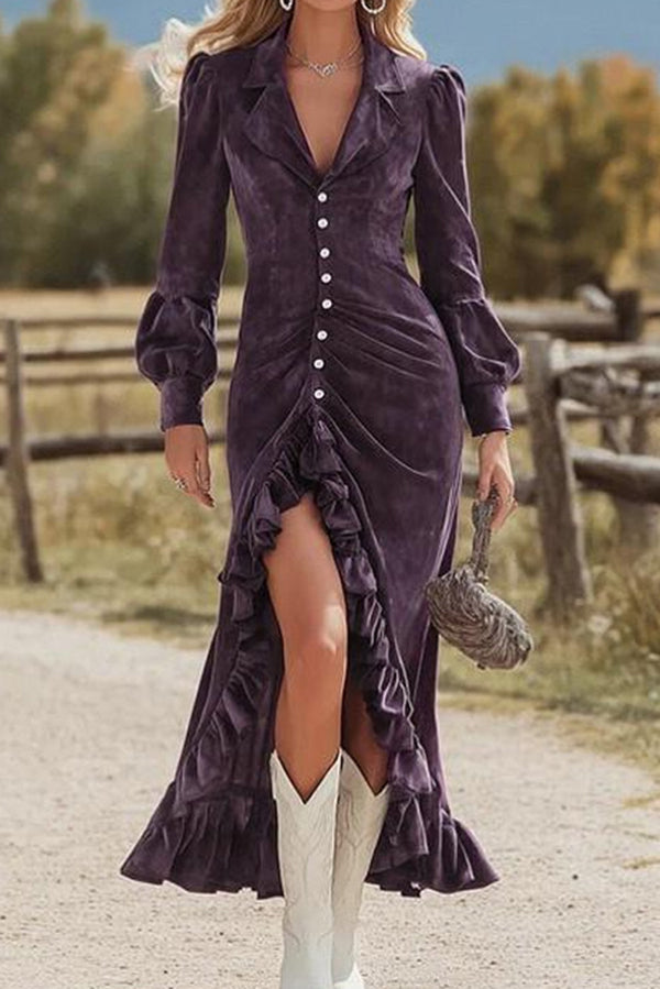 Elegant Long-sleeved Single-breasted Pleated Ruffle Midi Dress roschic Elegant Long-sleeved Single-breasted Pleated Ruffle Midi Dress roschic