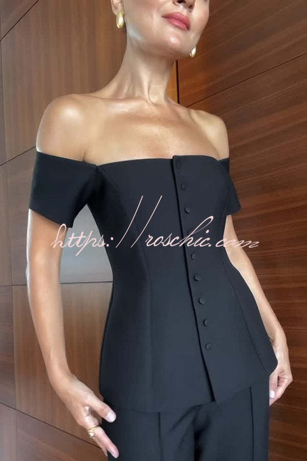 Solid Color Off-the-shoulder Single-breasted Top and Casual Pocket Straight-leg Pants Set
