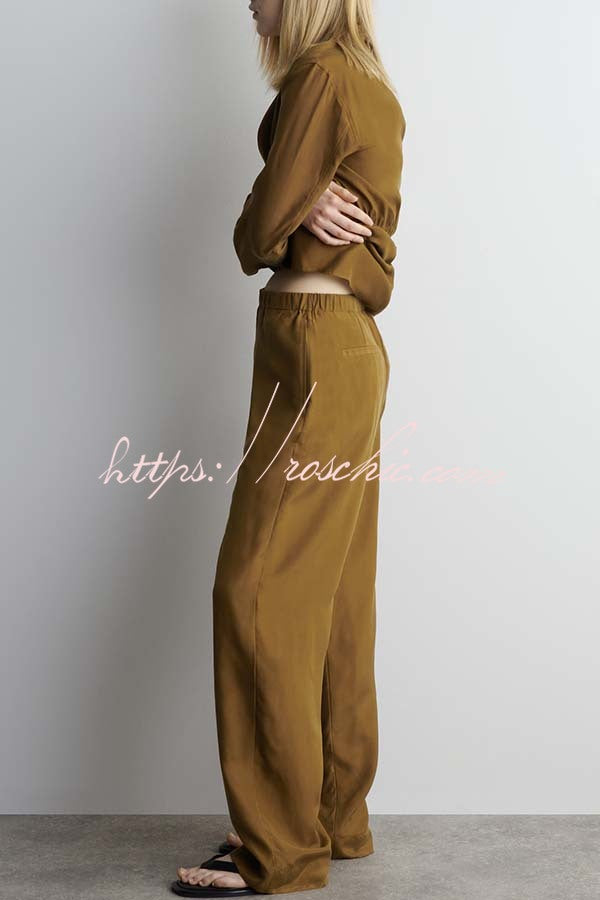 Bella Satin Drape Collar Single Button Casual Blazer and Elastic Waist Pocket Loose Pants Set