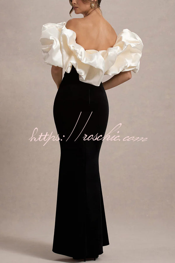 Cecily Velvet Off Shoulder Satin Structured Bardot Neck Stretch Maxi Dress