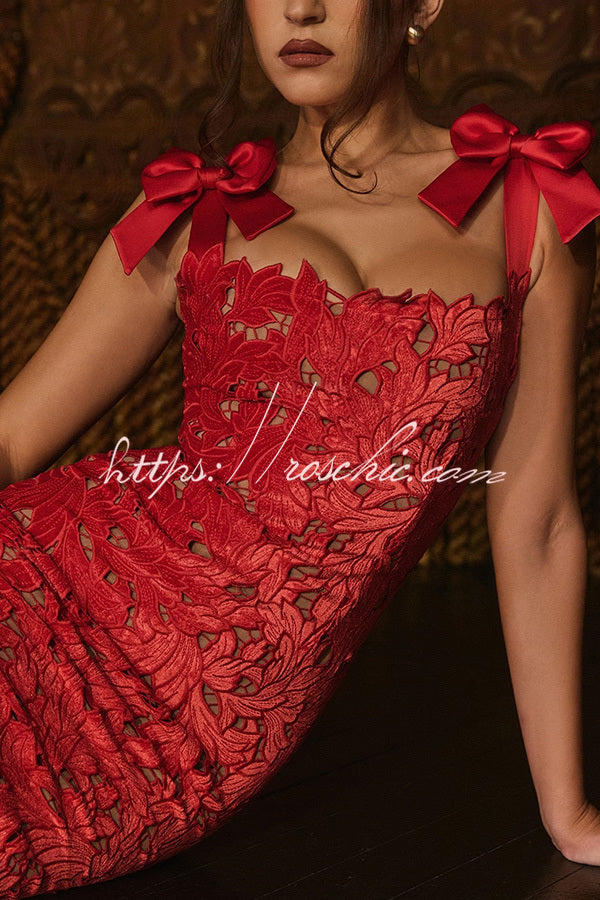 Holiday Intimacy Embroidered Floral Lace Bow Shoulder Straps Slit Maxi Dress