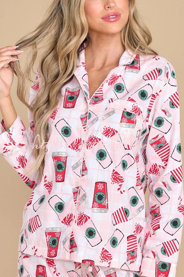 Need The Caffeine Print Elastic Waist Pocketed Dust Pajama Set