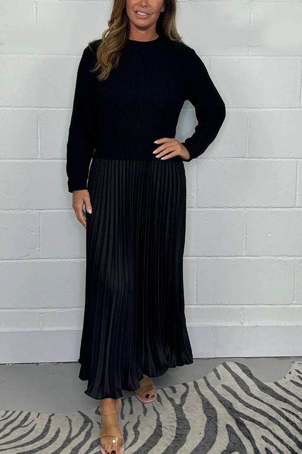 Stylish Knitted Round Neck Long Sleeve Patchwork Pleated Hem Maxi Dress, Black / 3XL