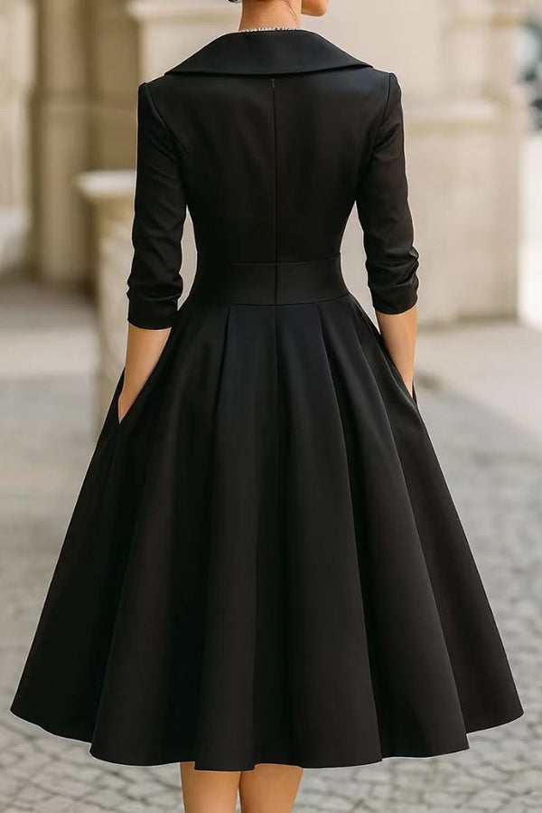 Solid Color Elegant Long Sleeve Waist Pocket Midi Dress