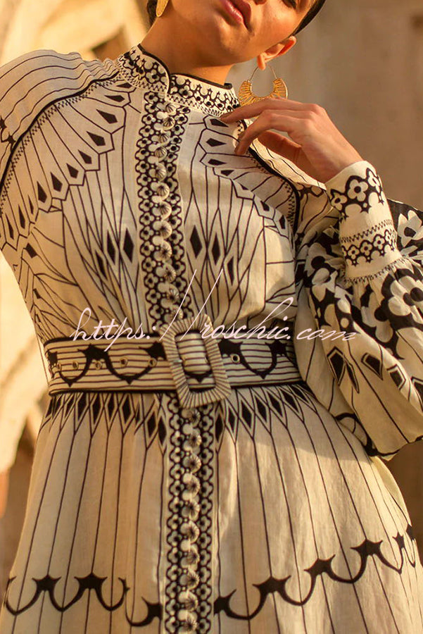 Perfect for Spring Linen Blend Ethnic Print Button Balloon Sleeve Belted Shirt Midi Dress