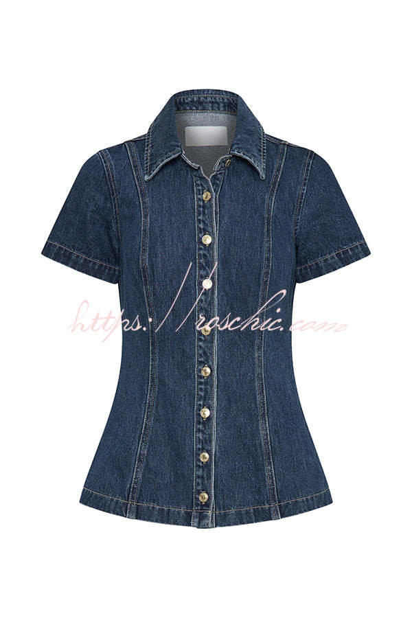 Modern Flavor Denim Short Sleeve Button Up Princess Seams Stretch Top