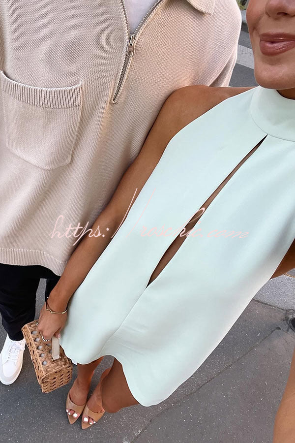 Date Night Front Cutout Pocketed Halter H-line Mini Dress