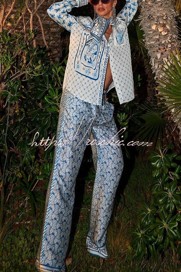 Stylized Dragon Satin Unique Print Long Sleeve Loose Shirt and Elastic Waist Pants Set