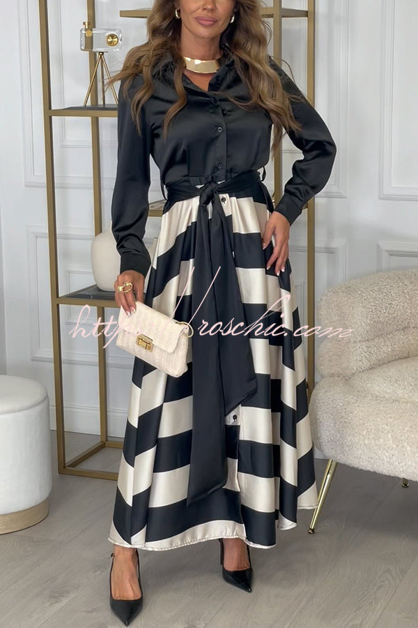 Lindsey Satin Colorblock Contrast Long Sleeve Belted Shirt Maxi Dress