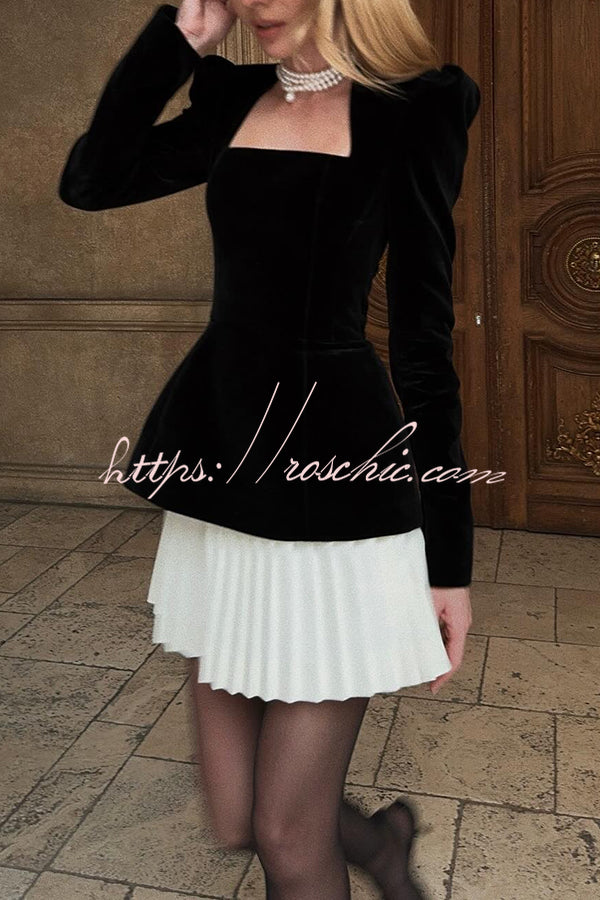 velvet square neck long sleeve dress Netta Velvet Square Neck Long Sleeve Back Pearl Detail Pleated Mini Dress, Black / XL
