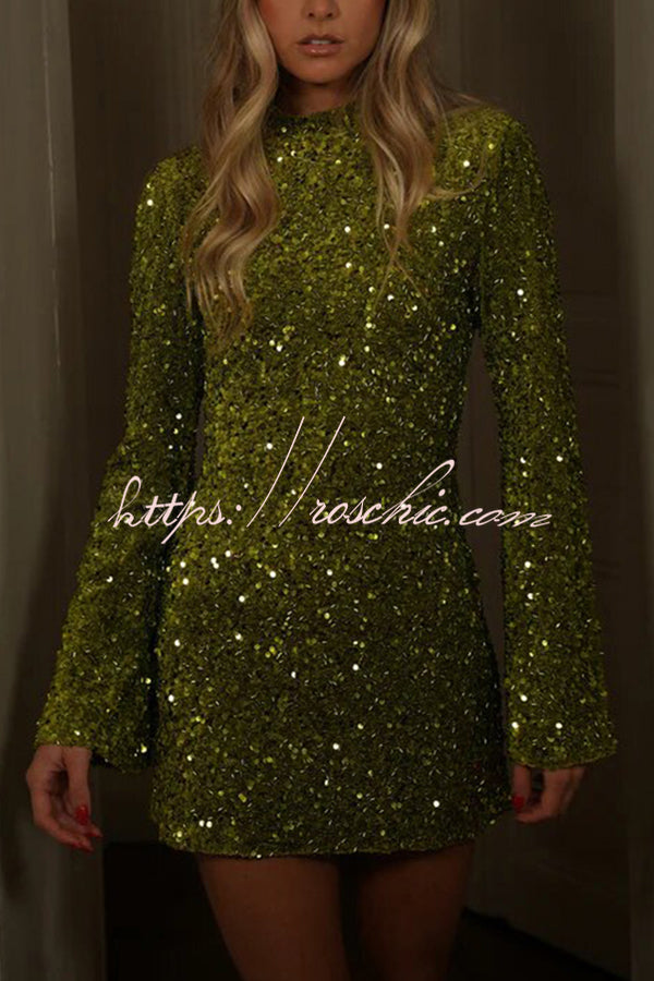 Dora Velvet Sequin High Neck Long Bell Sleeve H-line Mini Dress