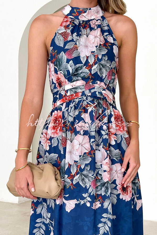 Floral Print Halterneck Tie Zip Smocked Maxi Dress