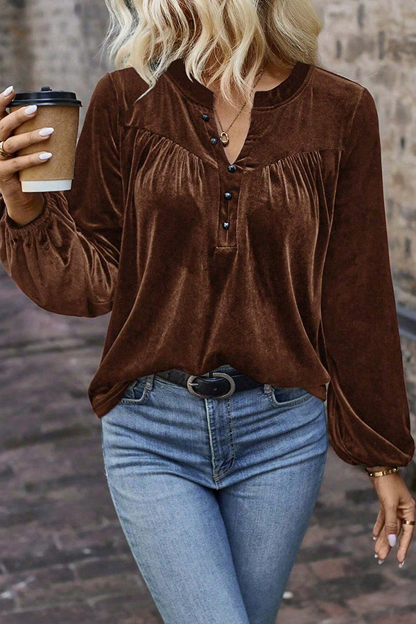 Solid Color Velvet V-neck Long-sleeved Loose Button Top