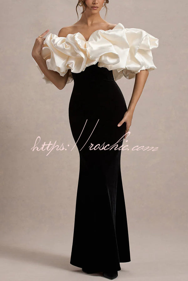 Cecily Velvet Off Shoulder Satin Structured Bardot Neck Stretch Maxi Dress