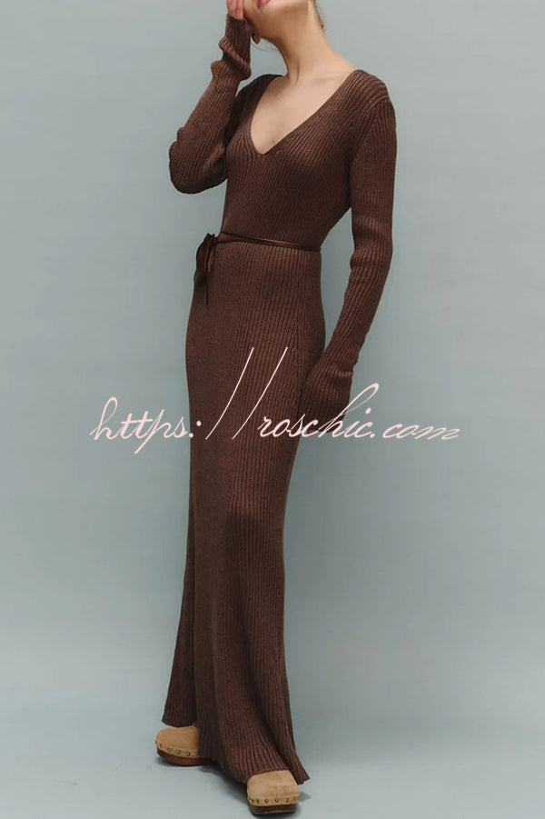 Solid Color V-neck Long-sleeved Slim-fit Elegant Knit Maxi Dress