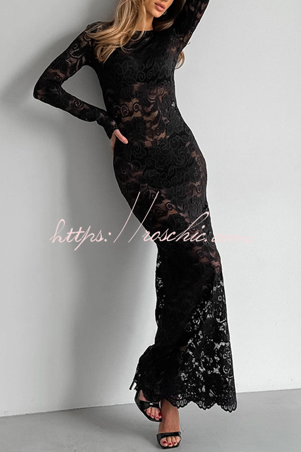 Sexy Openwork Lace Long-sleeved Slim-fit Fishtail Maxi Dress