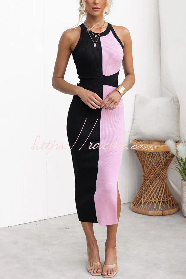 Serene Ribbed Knit Colorblock Back Tie-up Slit Stretch Midi Dress