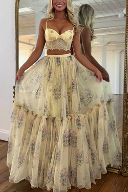 Vita Floral Satin Bow Lace Back Lace-up Crop Tank and Tulle High