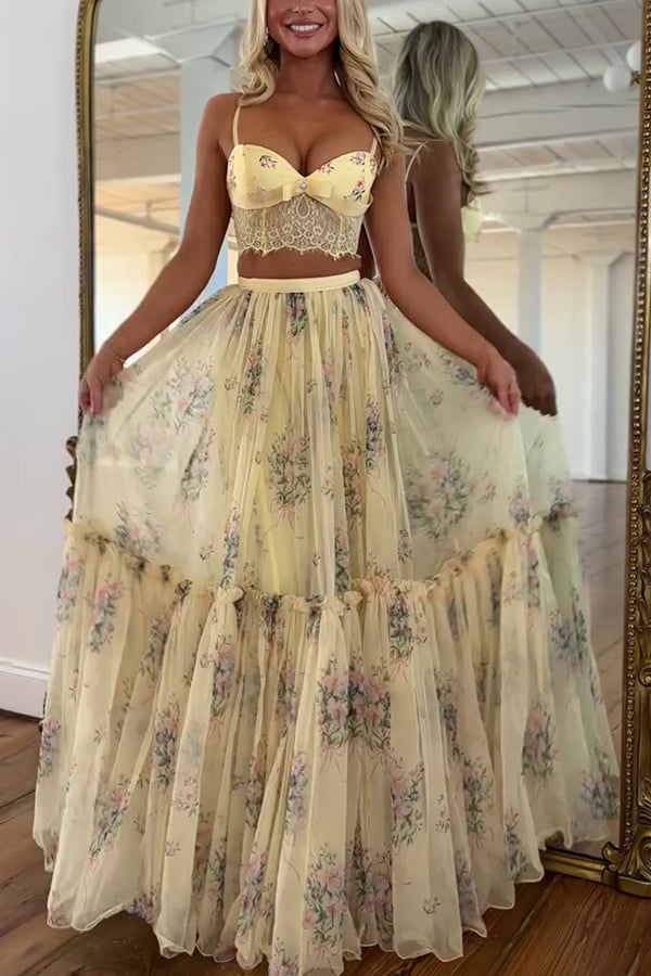 Vita Floral Satin Bow Lace Back Lace-up Crop Tank and Tulle High